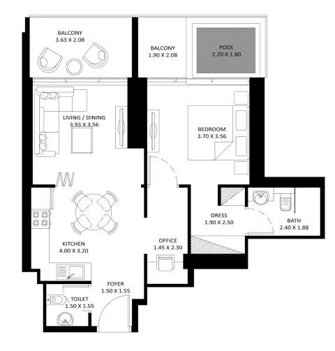 Floor plan, 2 Beds, 1,102 sq ft