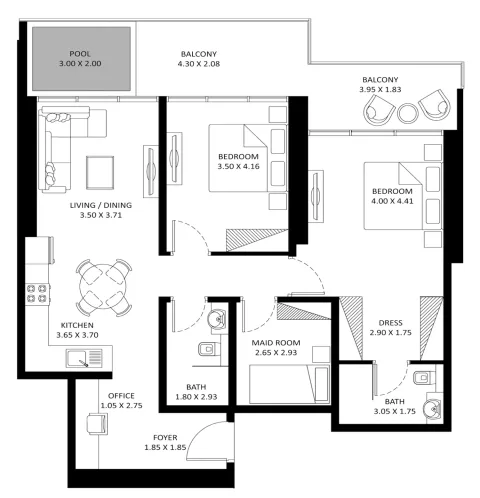 Floor plan, 2 Beds, 1,280 sq ft