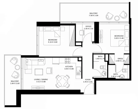Floor plan, 2 Beds, 1,279 sq ft
