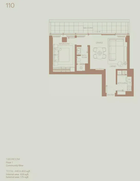 Floor plan, 1 Bed, 833 sq ft