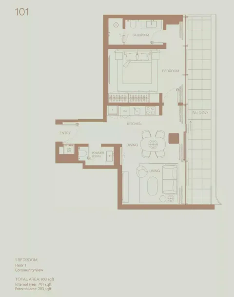 Floor plan, 1 Bed, 903 sq ft