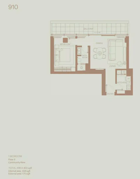 Floor plan, 1 Bed, 833 sq ft
