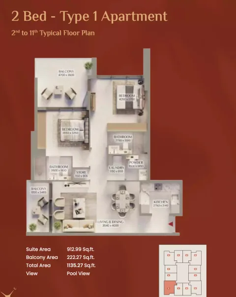 Floor plan, 2 Beds, 1,135 sq ft