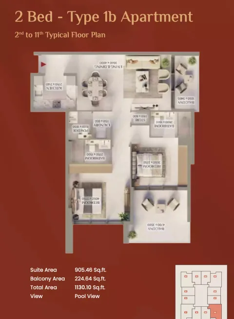 Floor plan, 2 Beds, 1,130 sq ft