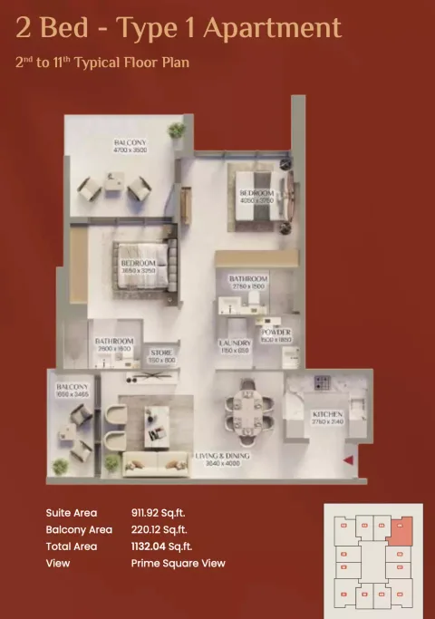 Floor plan, 2 Beds, 1,132 sq ft