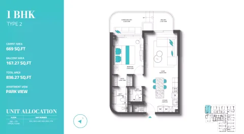 Floor plan, 1 Bed, 836 sq ft