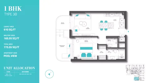 Floor plan, 1 Bed, 775 sq ft