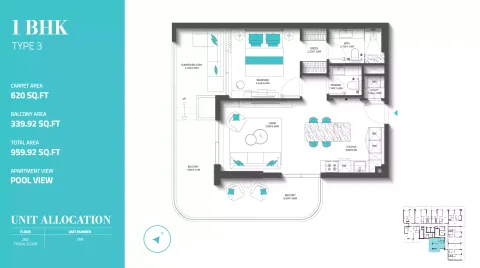 Floor plan, 1 Bed, 959 sq ft