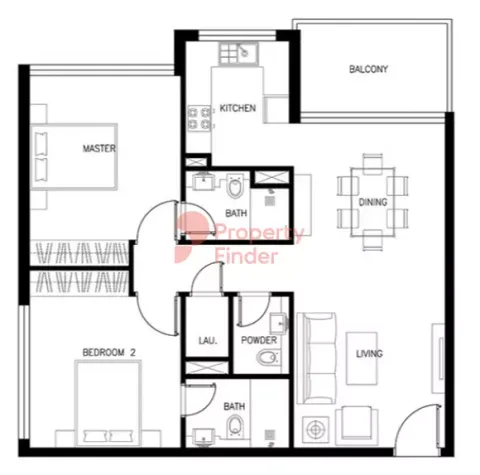 Floor plan, 2 Beds, 989 sq ft