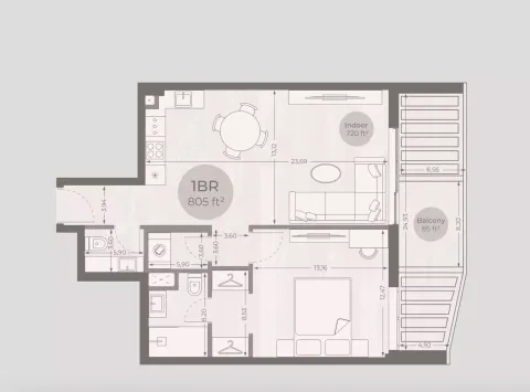 Floor plan, 1 Bed, 805 sq ft