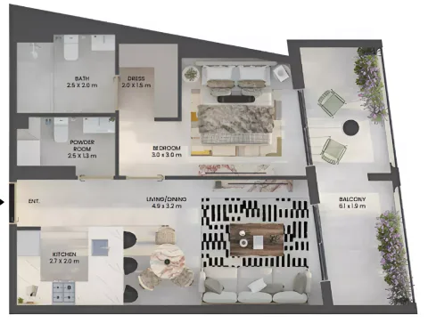 Floor plan, 1 Bed, 723 sq ft