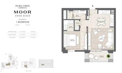 Floor plan, 1 Bed, 696 sq ft