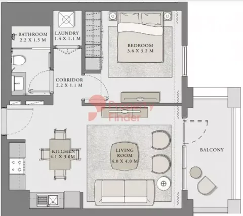 Floor plan, 1 Bed, 689 sq ft