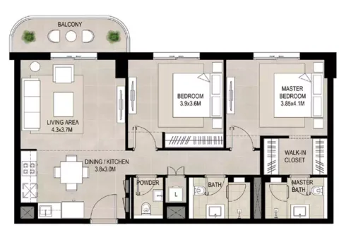 Floor plan, 2 Beds, 982 sq ft