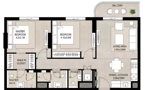 Floor plan, 2 Beds, 970 sq ft