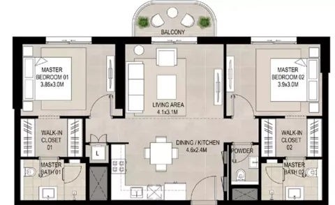 Floor plan, 2 Beds, 1,011 sq ft