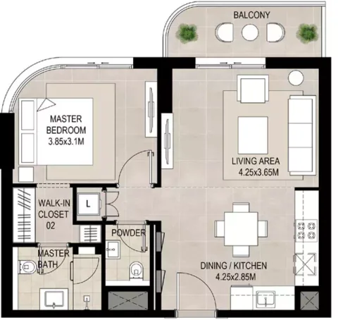 Floor plan, 1 Bed, 664 sq ft