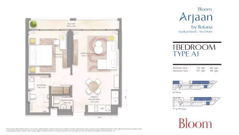 Floor plan, 1 Bed, 727 sq ft
