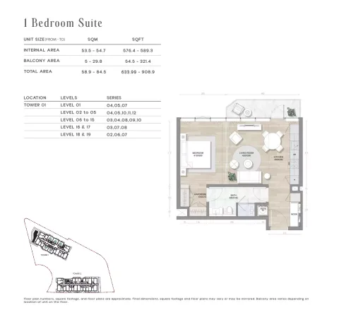 Floor plan, 1 Bed, 634 sq ft