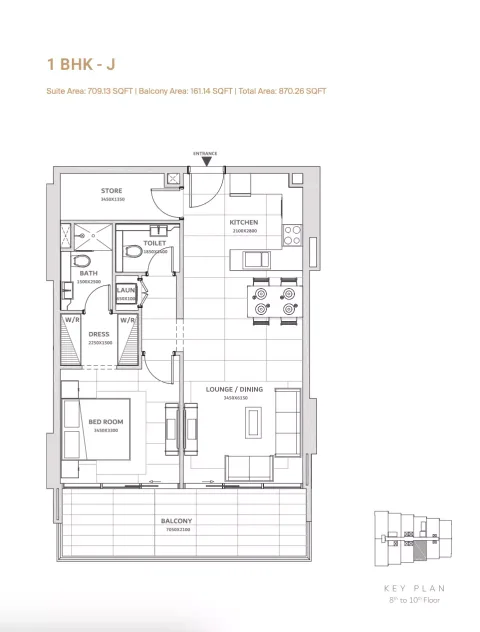Floor plan, 1 Bed, 870 sq ft