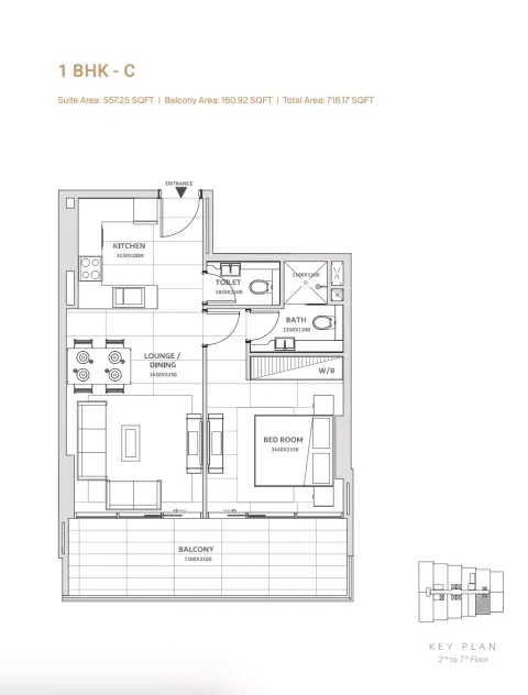 Floor plan, 1 Bed, 718 sq ft