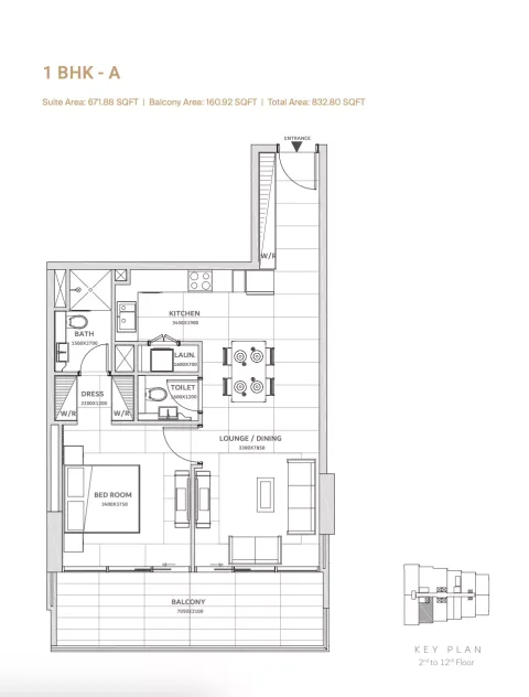 Floor plan, 1 Bed, 832 sq ft