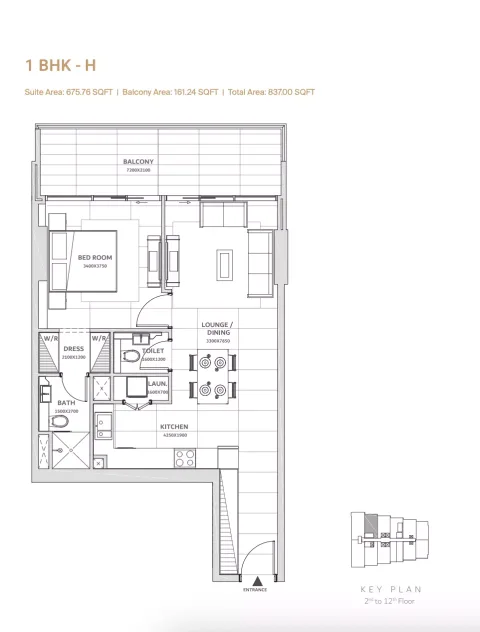 Floor plan, 1 Bed, 837 sq ft