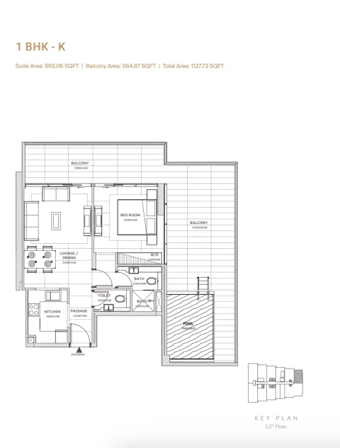 Floor plan, 1 Bed, 1,127 sq ft