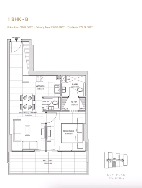 Floor plan, 1 Bed, 772 sq ft