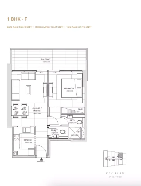 Floor plan, 1 Bed, 721 sq ft
