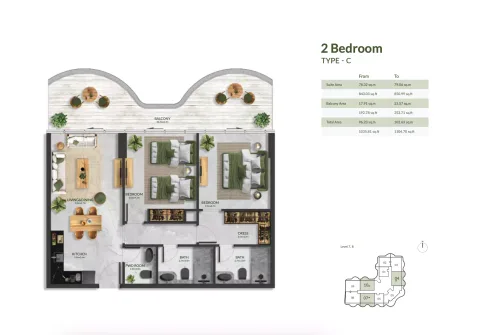 Floor plan, 2 Beds, 1,035 sq ft