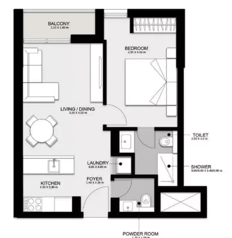 Floor plan, 1 Bed, 666 sq ft