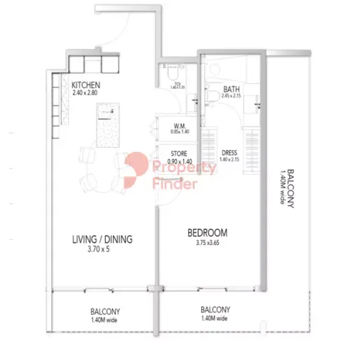 Floor plan, 1 Bed, 450 sq ft