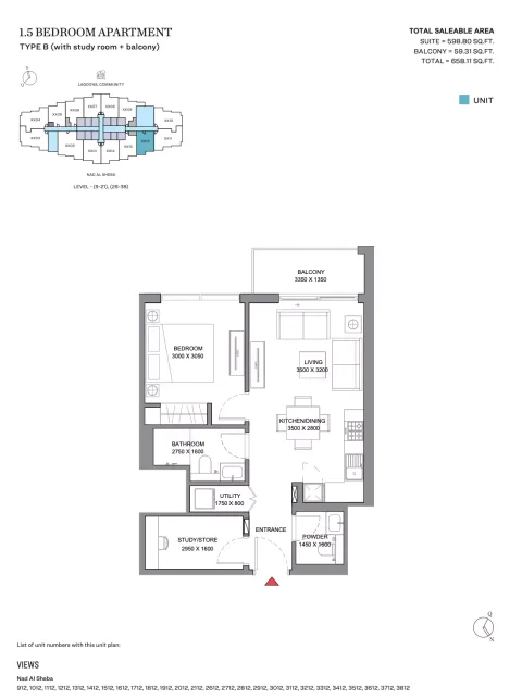 Floor plan, 1 Bed, 658 sq ft