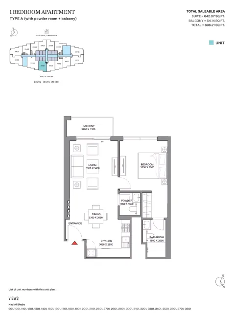 Floor plan, 1 Bed, 696 sq ft