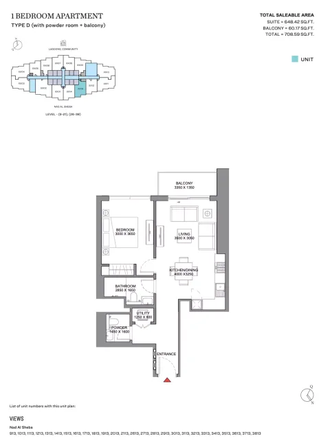 Floor plan, 1 Bed, 708 sq ft