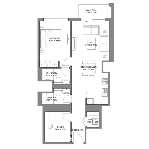 Floor plan, 1 Bed, 885 sq ft