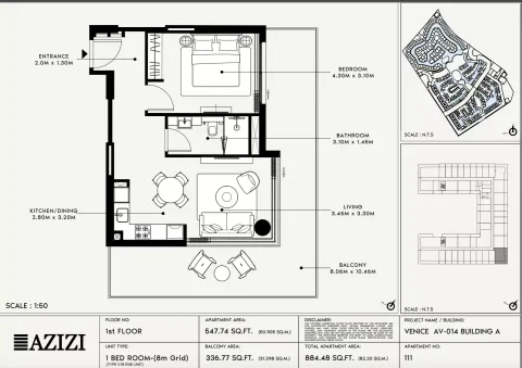 Floor plan, 1 Bed, 884 sq ft