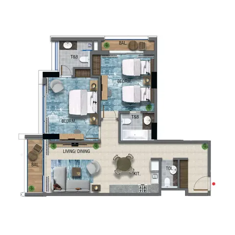 Floor plan, 2 Beds, 1,001 sq ft