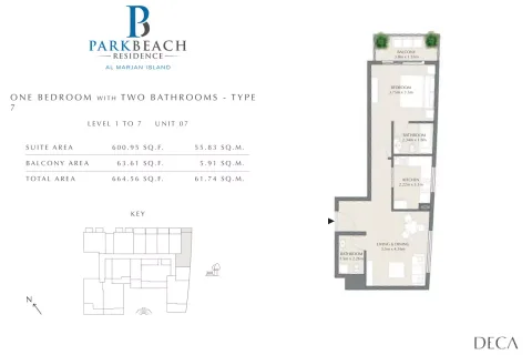 Floor plan, 1 Bed, 664 sq ft