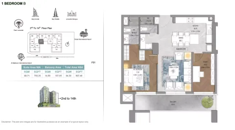 Floor plan, 1 Bed, 907 sq ft