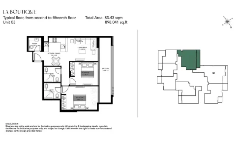 Floor plan, 2 Beds, 898 sq ft
