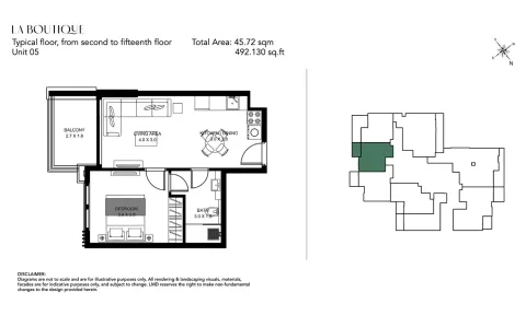 Floor plan, 1 Bed, 492 sq ft