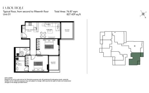 Floor plan, 2 Beds, 827 sq ft