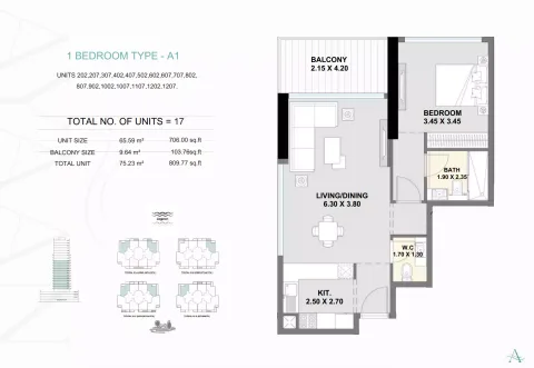Floor plan, 1 Bed, 809 sq ft