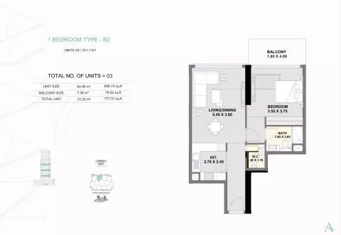 Floor plan, 1 Bed, 777 sq ft