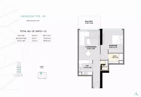 Floor plan, 1 Bed, 798 sq ft