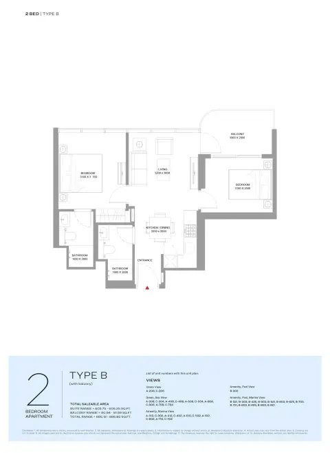 Floor plan, 2 Beds, 686 sq ft