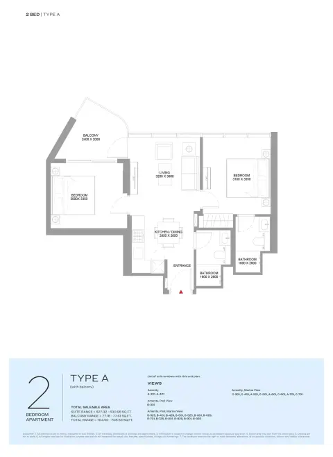 Floor plan, 2 Beds, 708 sq ft