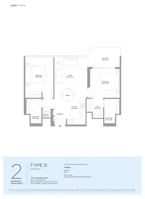 Floor plan, 2 Beds, 809 sq ft